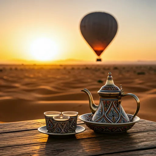 Art de vivre désert marocain, thé et montgolfière au lever du jour.